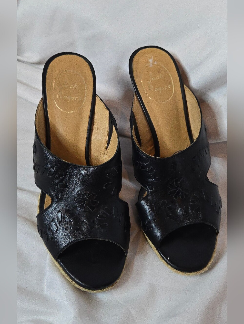 Jack Rogers Sophia Black Leather Women's 8 Espadrille Wedge Slide Sandals